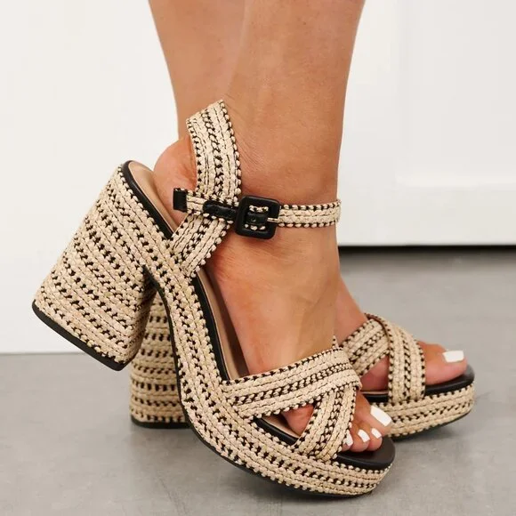 New Open Toe Raffia Espadrille Platform Sandals Mary-Jane Ankle Strap Block Heel - Picture 4 of 8